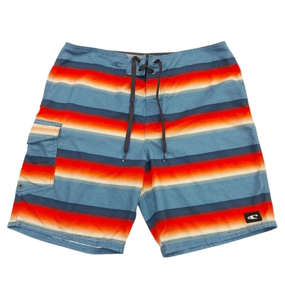 O'Neill Mens Board Shorts 32 Blue Orange Striped Swim Trunks Cargo Pocket Beach